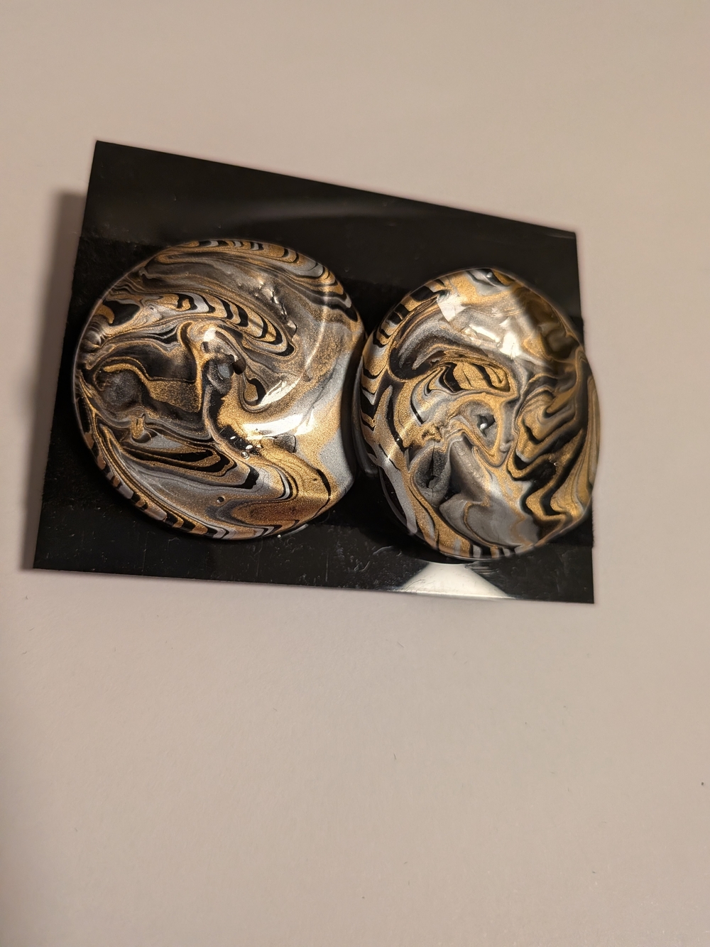 Marbled Black, Gold & Silver Round Statement Earrings